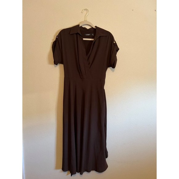 Ralph Lauren Midi Dress 2 Silky Brown Short Sleeve Belted Career Washable - Picture 7 of 10